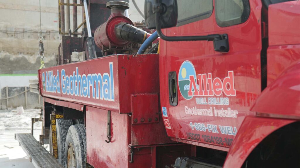 Allied Geothermal drilling rig and support truck fully equipped for commercial geothermal installation.